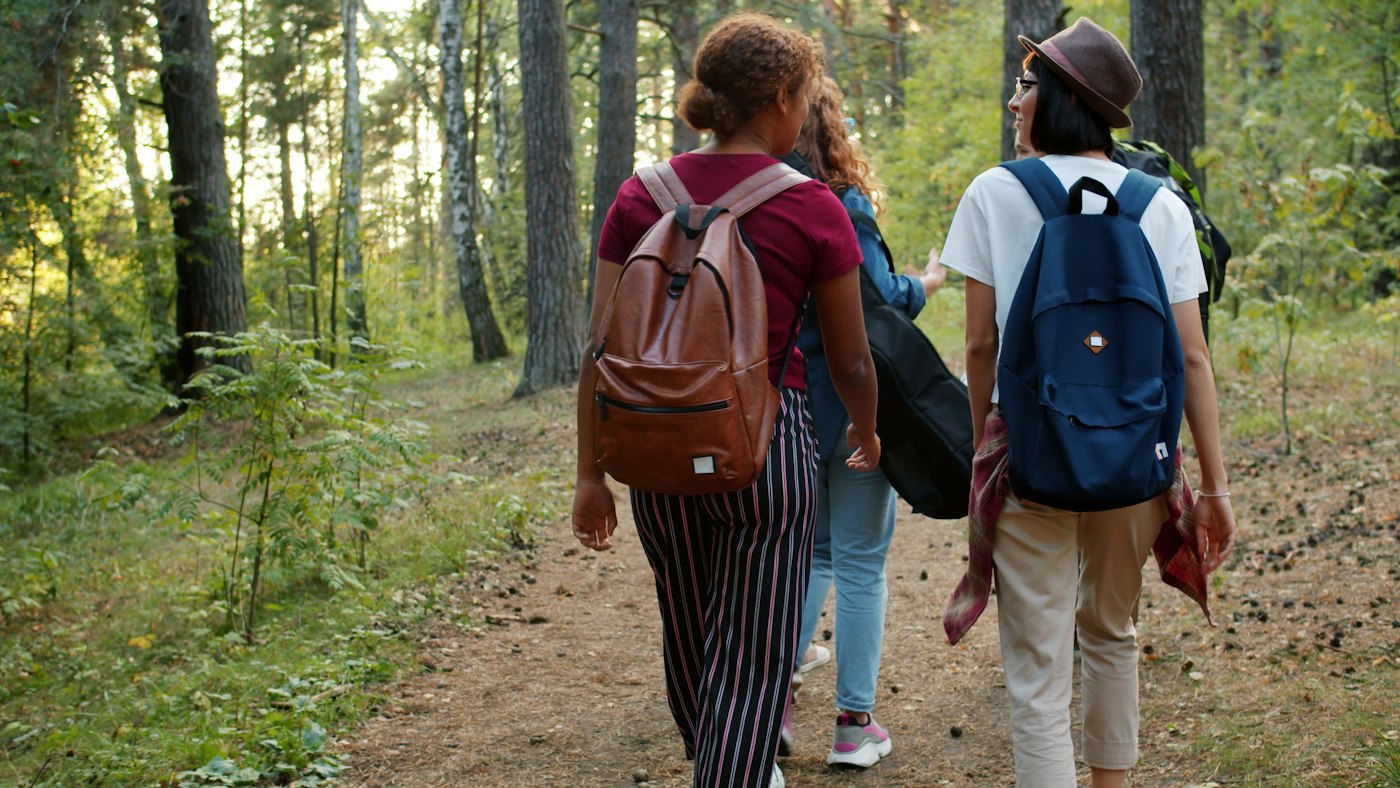 Three friends walking and talking together along a forest path