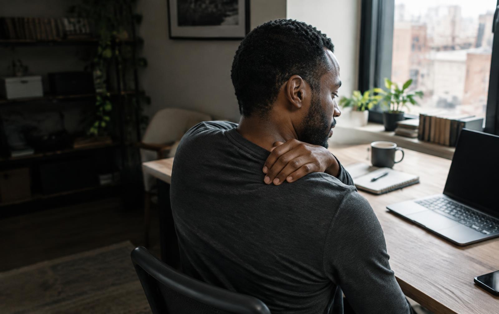 A desk worker pausing to hold his shoulder during the workday
