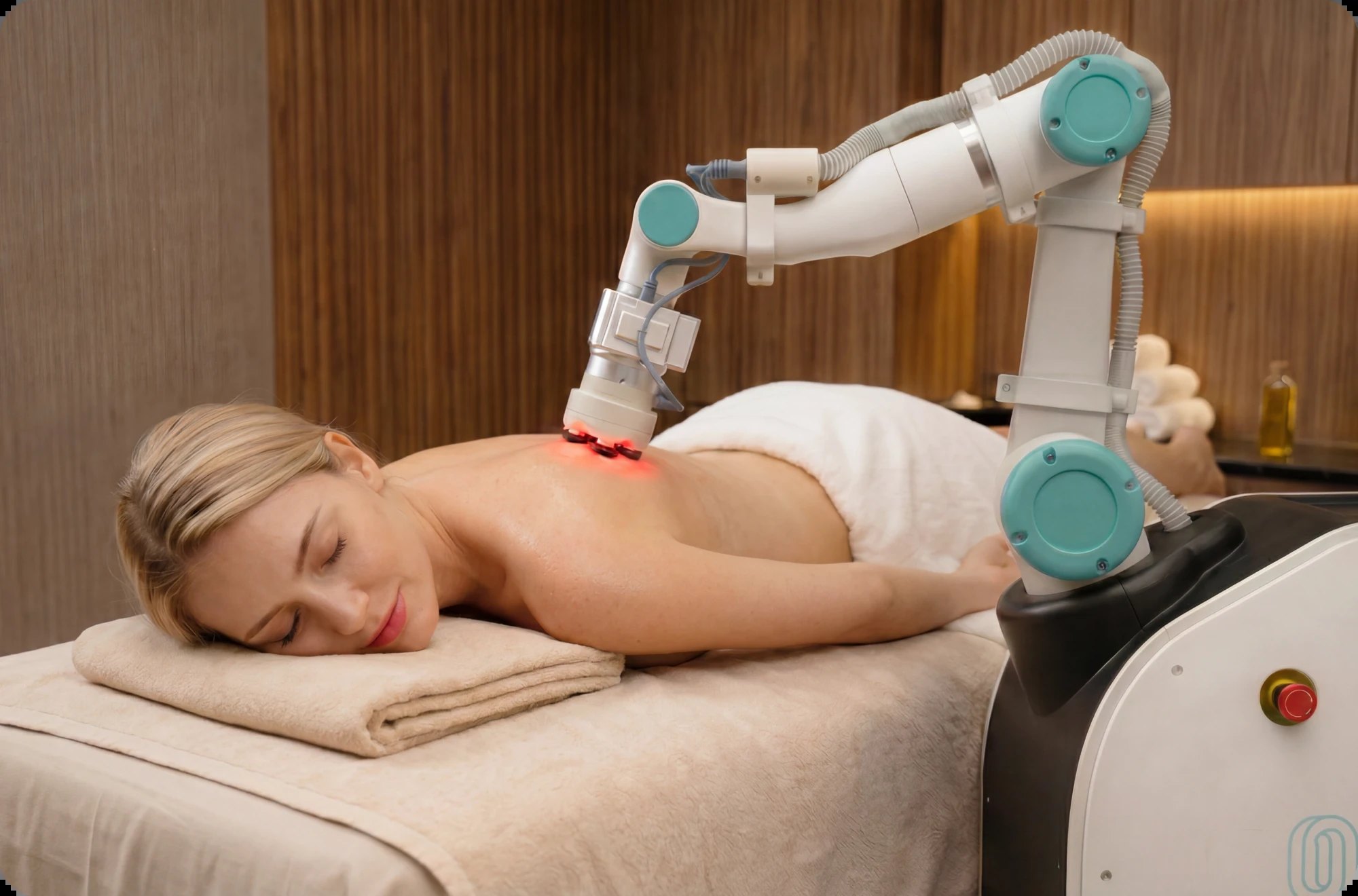 FlowMotion AI massage robot delivering a back massage session in a workplace wellbeing room